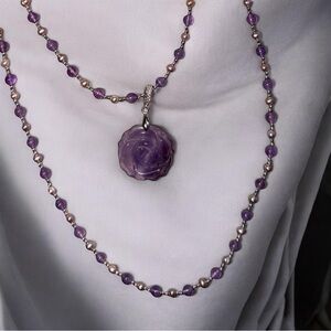Premium Fresh Water Pearl & Natural Amethyst Necklace W/ Removable Rose Pendant
